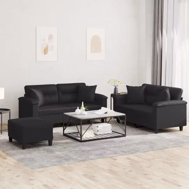 Set di divani 3 pezzi vidaXL in similpelle nera con cuscini per soggiorno in stile moderno