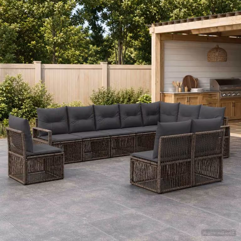 Set Divano da Giardino vidaXL 10 Pezzi a Forma di U in Polyrattan Grigio con Cuscini e Struttura in Acciaio Verniciato a Polvere