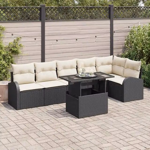 Set Divano da Giardino 7 pz Nero e Crema polyrattan 3348653