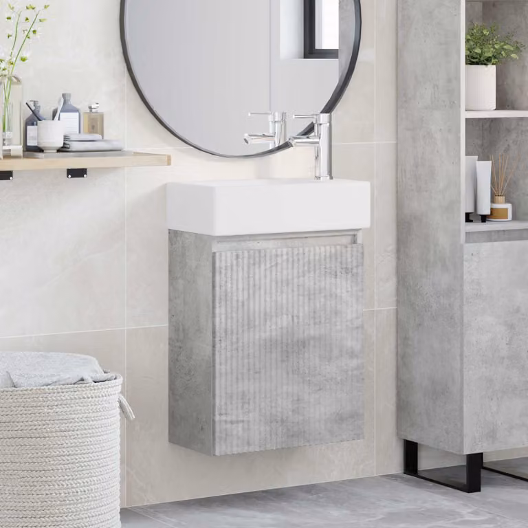 Mobile bagno vidaXL con rubinetto in stile minimalista, Grigio Cemento, L: 45,5 cm, P: 22,5 cm, H: 84 cm
