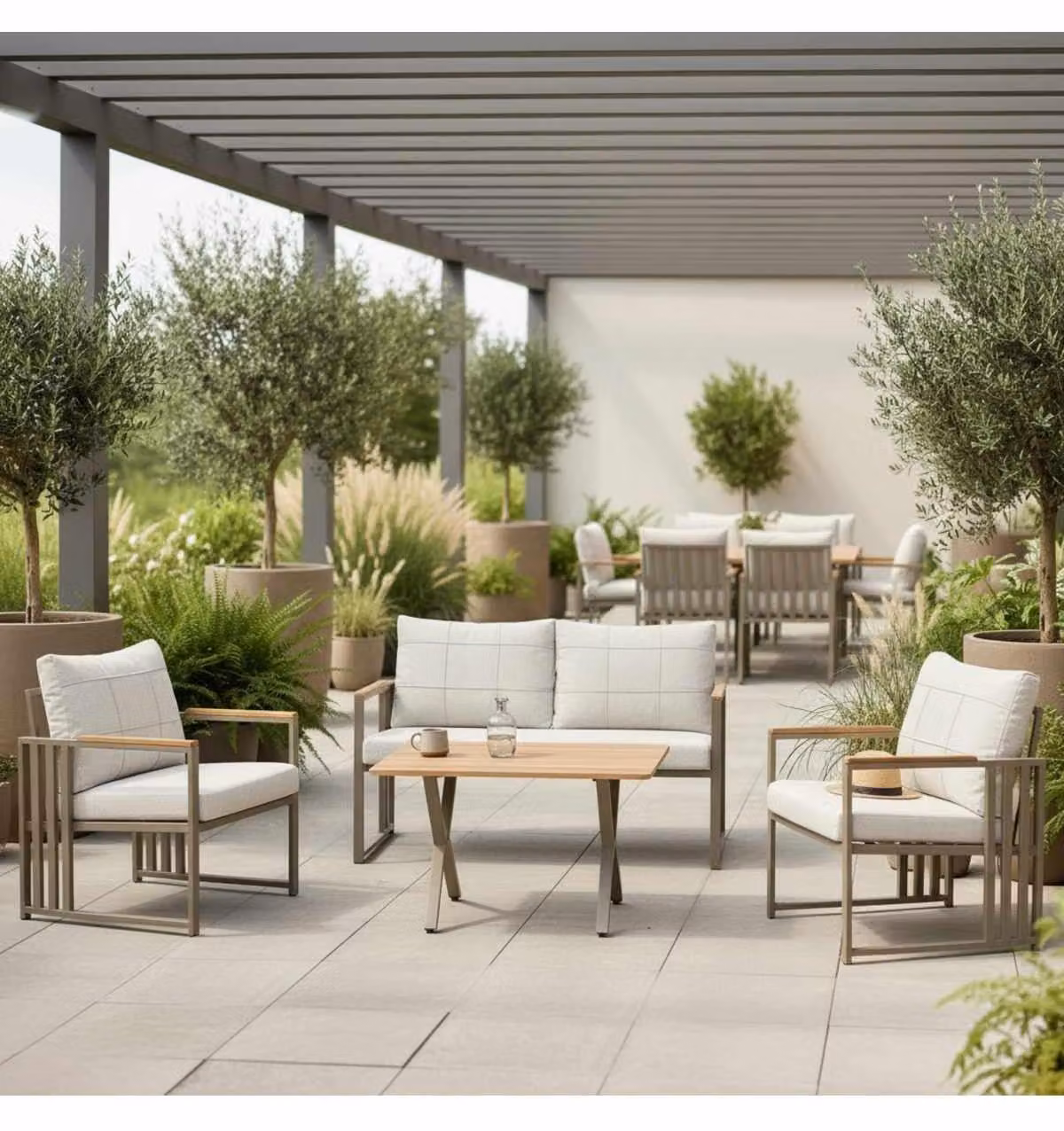 Skye Decor, set da lounge per giardino moderno, realizzato interamente in metallo, color beige, composto da 3 pezzi, spessore 1,2 mm