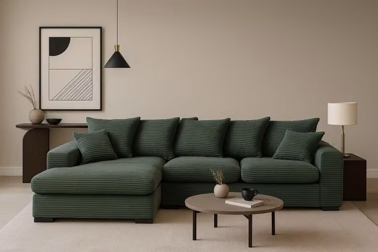 Kaiser Möbel Divano ad angolo con funzione letto e box letto, Divano a L, Divano a L in tessuto Gabon Zoom Verde Ottomana sinistra