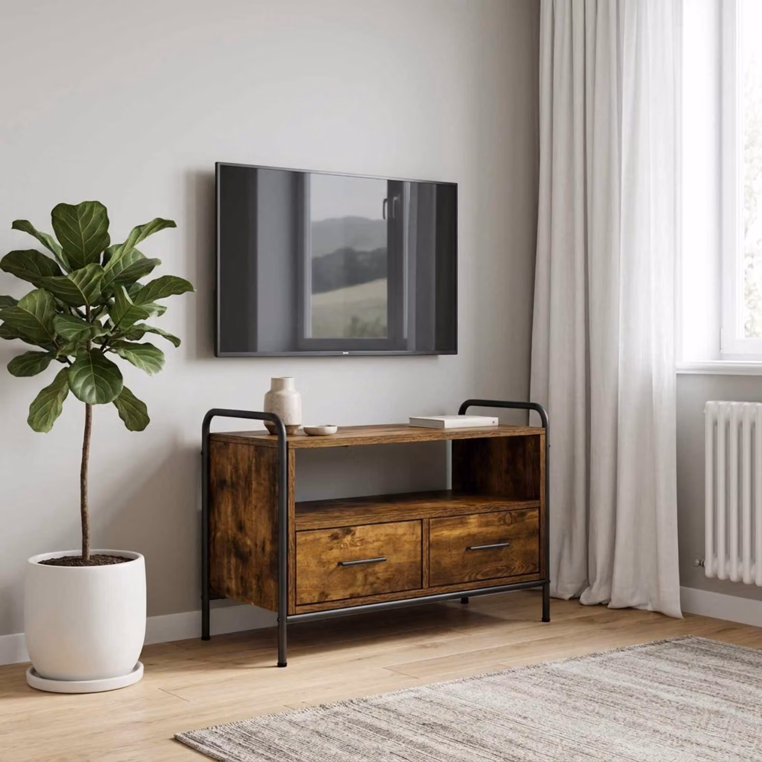 Mobile TV vidaXL in legno ingegnerizzato e metallo, Rovere Fumo, L: 67,5 cm, P: 33 cm, H: 50 cm