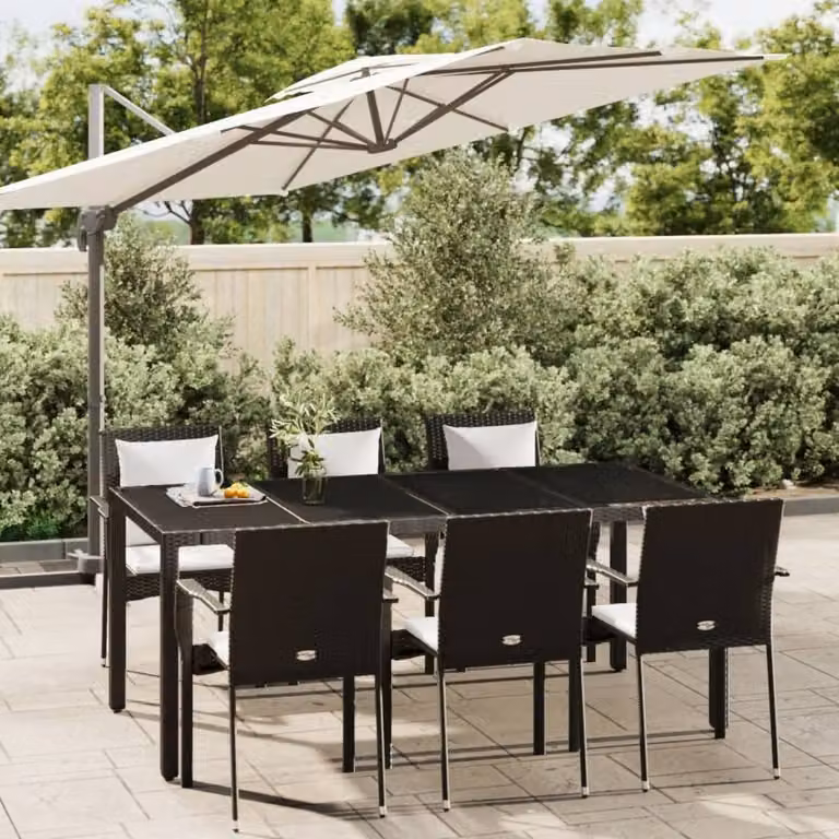 Set da pranzo da giardino vidaXL in polyrattan e legno di acacia nero e bianco con 7 pezzi