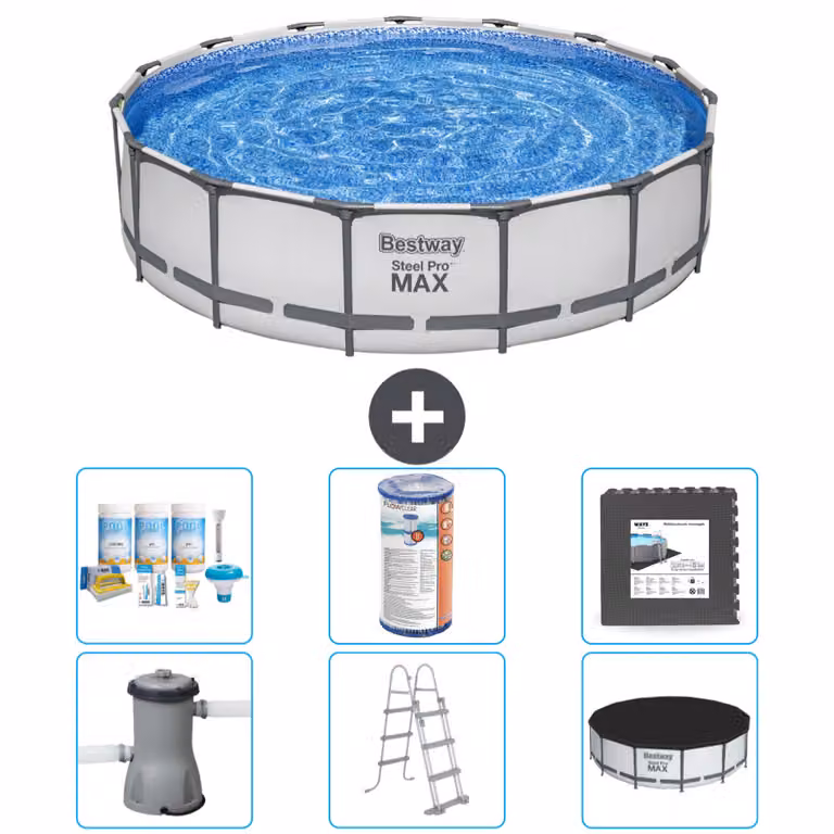 Piscina Bestway Round Steel Pro MAX - 457 x 107 cm - grigio - inclusa pompa - scala - pacchetto manutenzione copertura - filtro - piastrelle per il pavimento