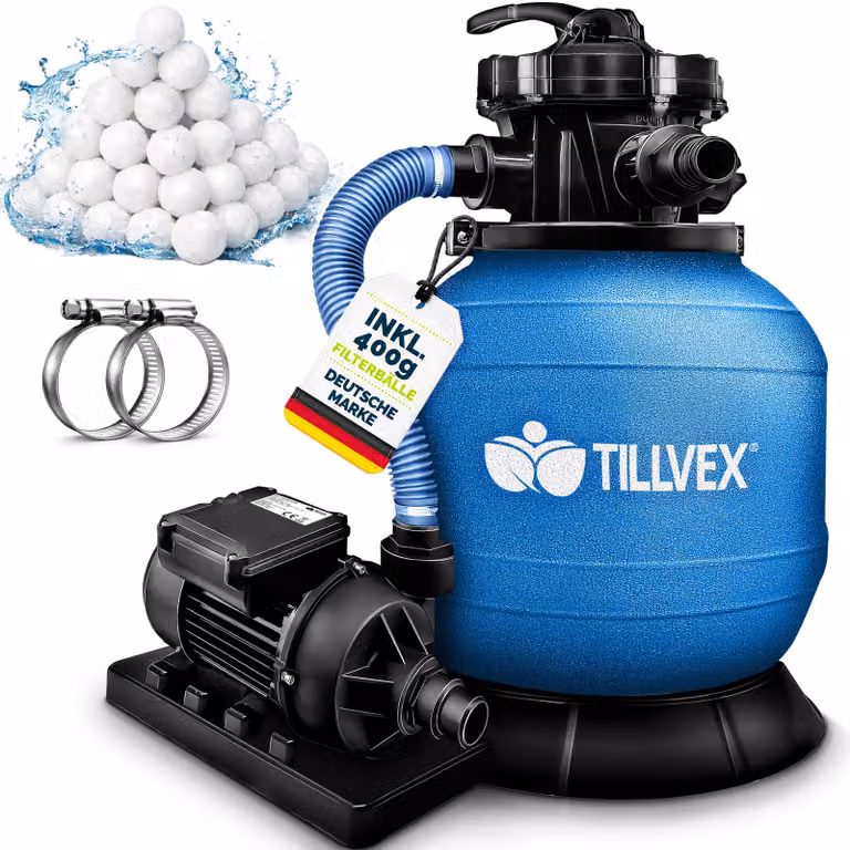 tillvex® sistema di filtraggio a sabbia per piscina 7.900L/h incl. sfere filtranti da 400g blu | sistema di filtraggio valvola a 7 vie & adattatore 2in1 Ø32mm - 38mm | filtro per piscina con indicatore di pressione | filtro a sabbia per piscine