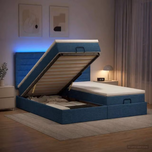 Letto Ottomano con Materasso vidaXL in Tessuto Blu e Bianco con Illuminazione LED e Porta USB L/P/H: 180 x 200 x 88 cm