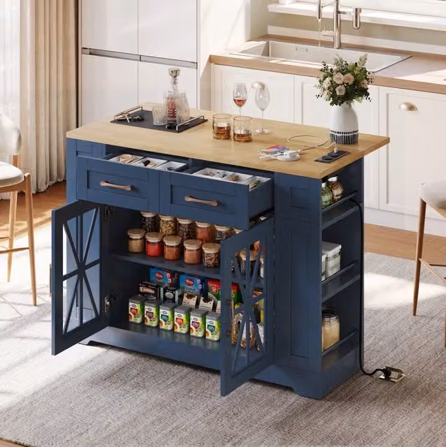 Carrello isola cucina 120 cm con piano pieghevole; 2 prese AC; 2 USB; ante in vetro; MDF; Blu/Neutro