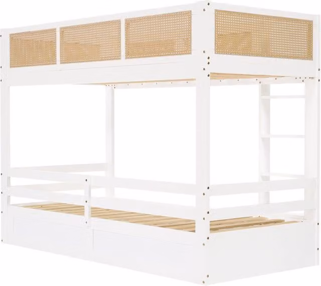 Letto a castello per bambini 90x200 cm in pino e MDF con tre cassetti su ruote e staccionata intrecciata bianco e naturale