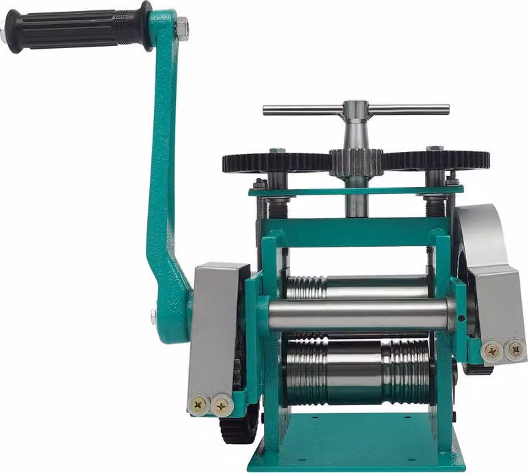Laminatoio per gioielleria - Laminatrice a tripla passata - Apertura regolabile 0,03–6,5 mm - Rapporto di trasmissione 1:6 - Acciaio - Per filo metallico e lamiera - Verde