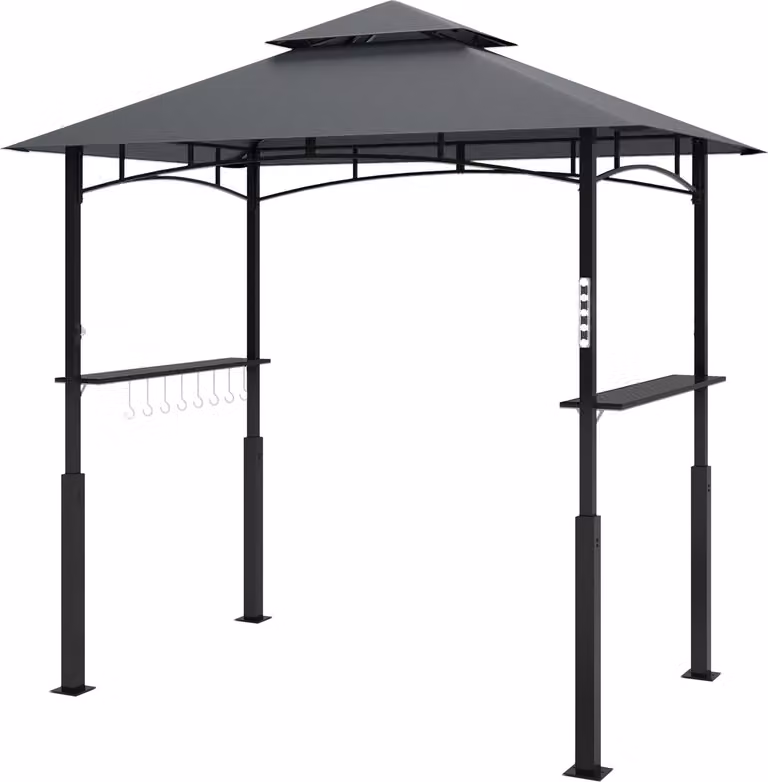 Gazebo per barbecue con LED 243 x 148 x 248 cm padiglione da giardino ignifugo impermeabile con doppio tetto, ripiani laterali, gazebo con protezione UV, padiglione per barbecue in metallo, tenda per barbecue per feste grigio
