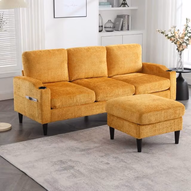 Sofa elegante con pouf e ripostiglio - Zephmum- 4 posti, braccioli, porta-bevande, tasche laterali, rivestimento in velluto