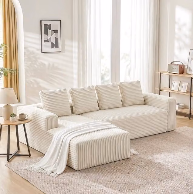 Divano componibile a L con chaise longue; 261×168×58 cm; velluto a coste beige