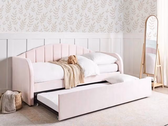 Letto estraibile Beliani in velluto rosa con cornice imbottita glamour per cameretta o camera da letto L/P/H: 90 x 200 x 102 cm