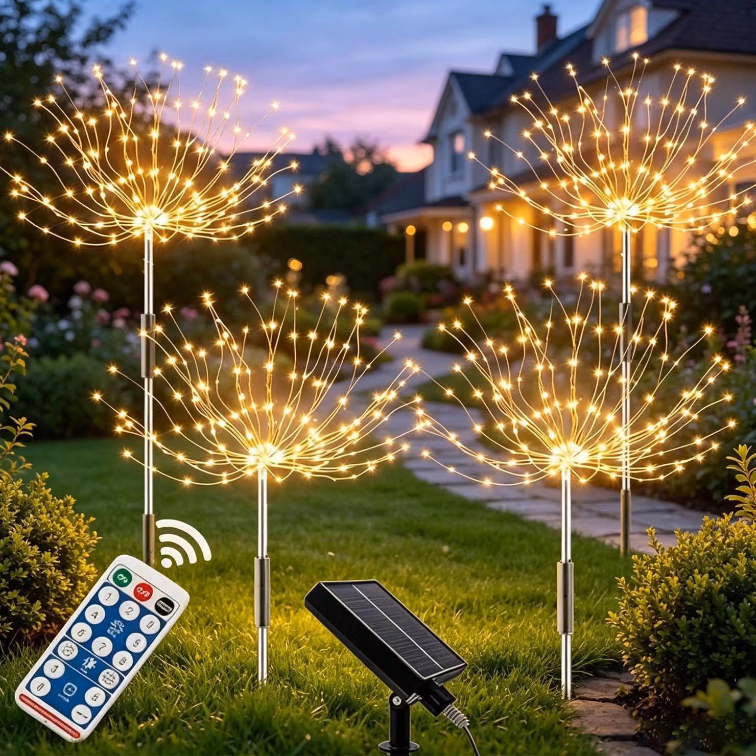 4 lampade a LED solari, 120 LED, grado di protezione IP65, 8 modalità, luce bianco caldo, per l'esterno