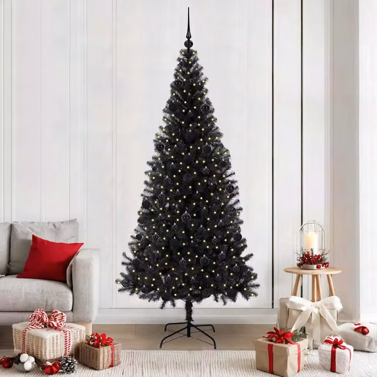 Albero di Natale moderno vidaXL nero in PVC con luci LED bianco caldo, Altezza: 210 cm