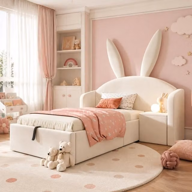 Letto per bambini 90x190 cm in velluto beige con testiera a coniglietto; contenitore e comodino