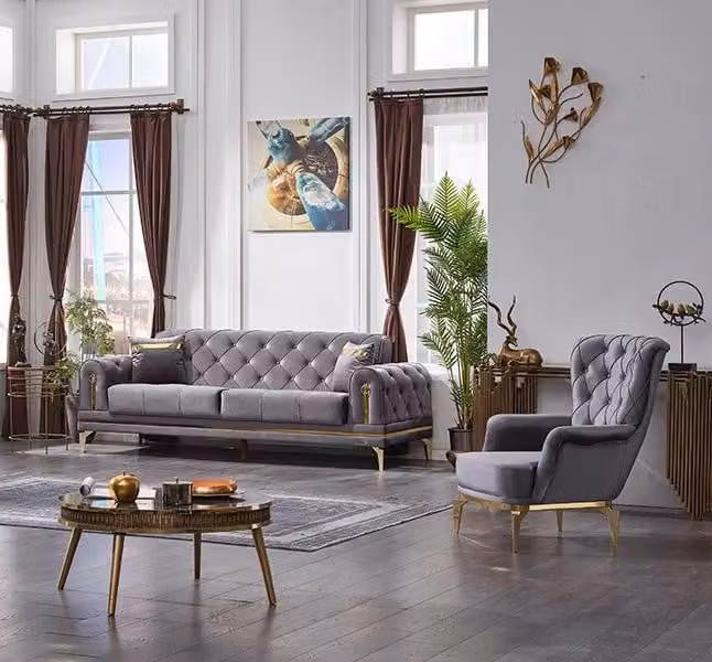 Luxus Sofa 3 Sitzer mit Sessel Couchgarnitur Wohnzimmer Chesterfield Grau