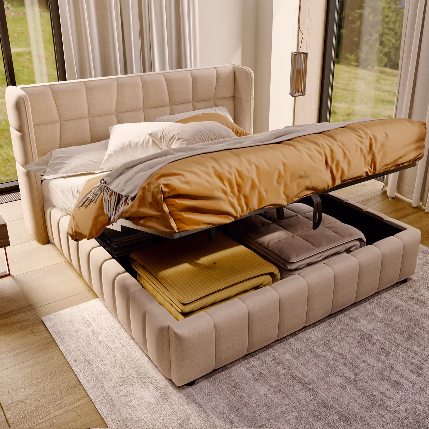Letto imbottito 180 x 200 cm, letto matrimoniale con rete a doghe, schienale e sistema di stoccaggio pneumatico