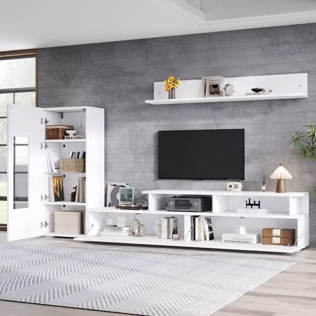 Desviae Parete attrezzata TV con vetrina e mensola LED controllate tramite app in truciolare bianco per il soggiorno