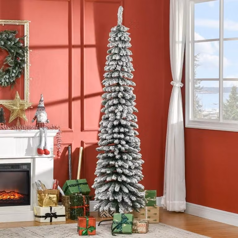 Albero di Natale artificiale, altezza 210 cm, con rami decorati con neve | Colore: verde e bianco | Dimensioni: 54x54x210 cm