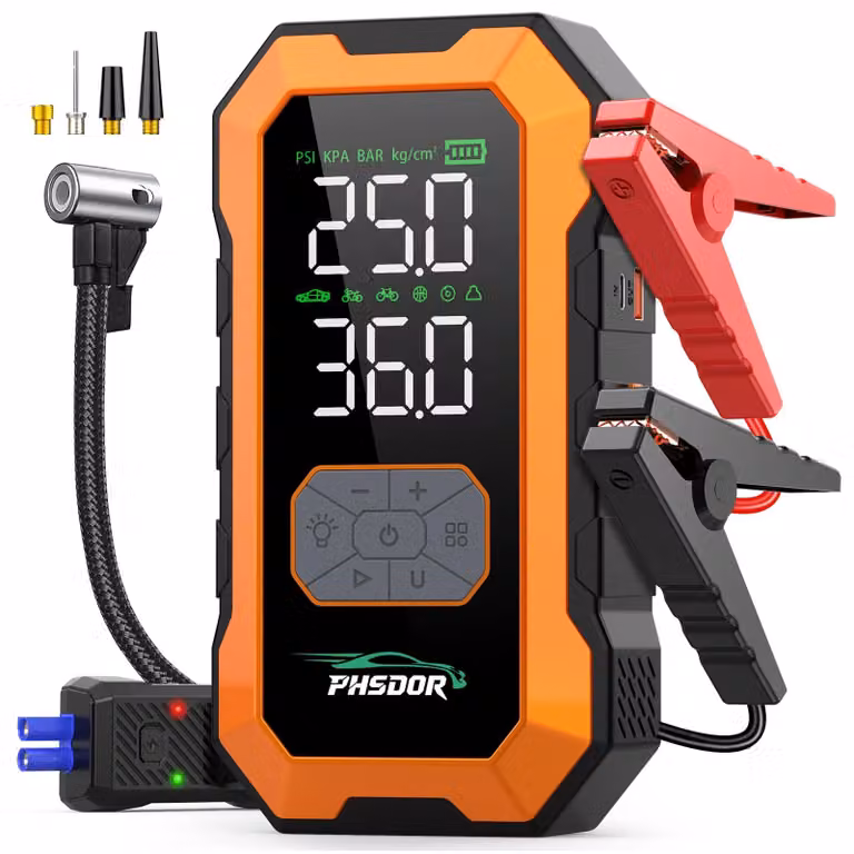 Avviatore portatile per auto da 8000 A - Batteria da 25.000 mAh - 12 Volt, con compressore d'aria e funzione power bank