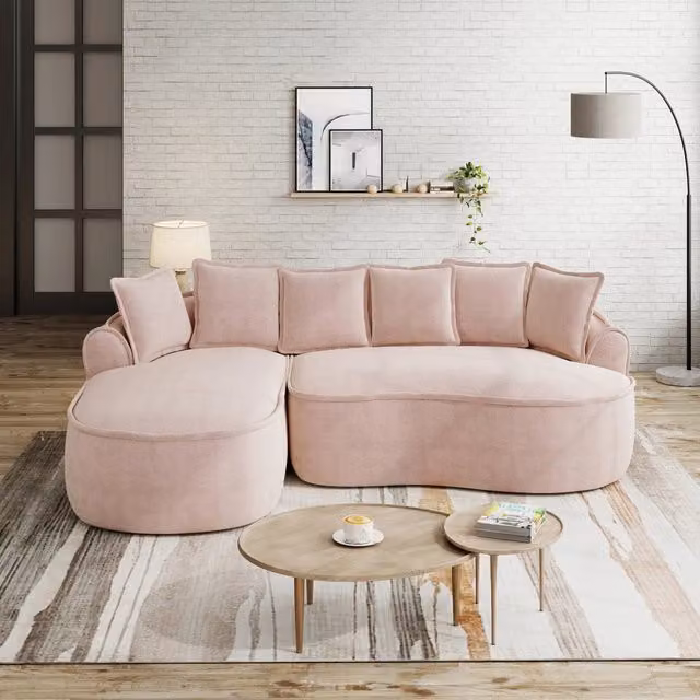 Divano letto modulare Mivray a L con chaise longue in ciniglia rosa e seduta profonda