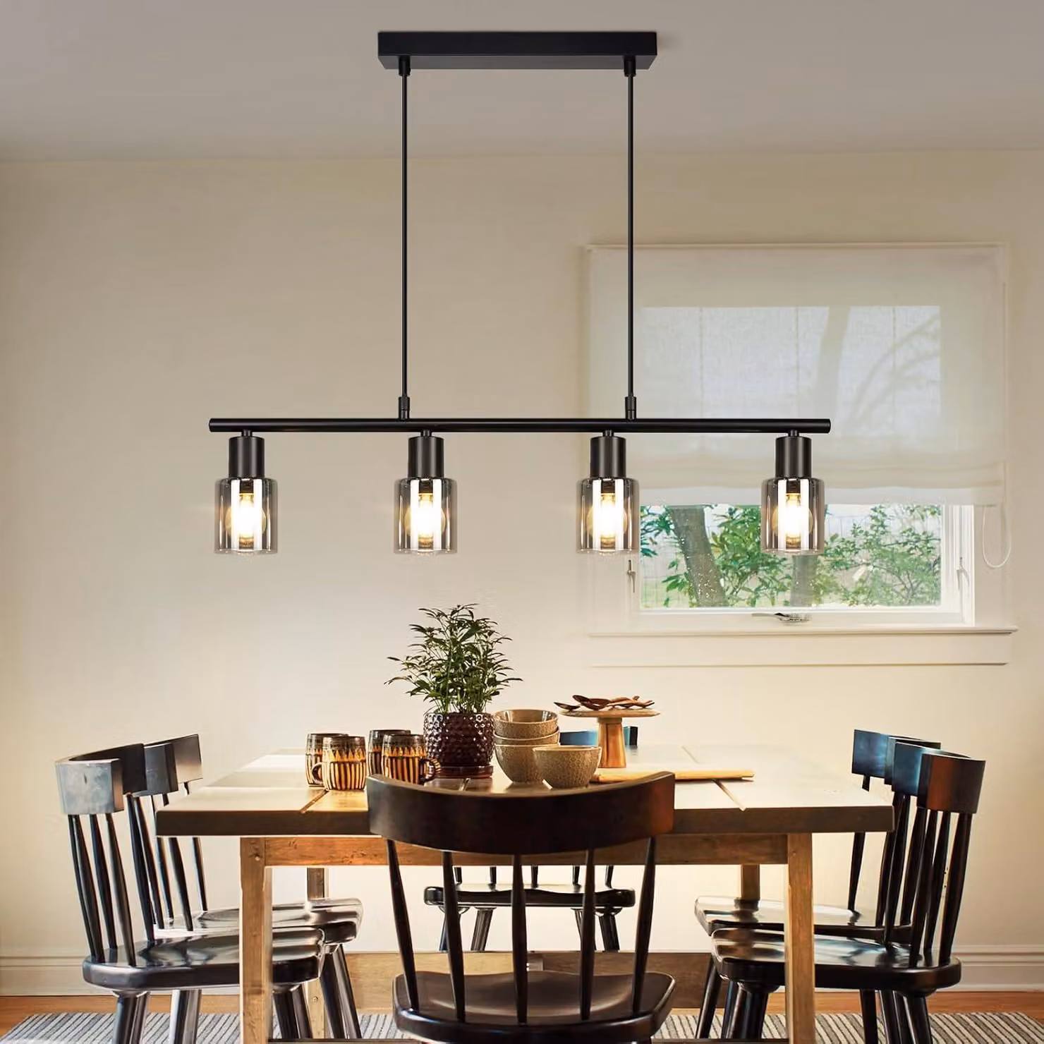 ZMH Lampada a sospensione a 4 luci Lampada a sospensione per tavolo da pranzo Lampada da tavolo da pranzo a sospensione Nera Lampada a sospensione in vetro Attacco E14 Lampada da sala da pranzo Lampada a sospensione per sala da pranzo
