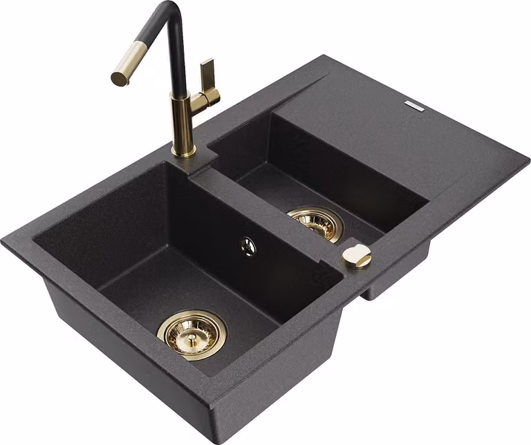Mexen Gaspar lavello in granito 1,5 vasca con scolapiatti e miscelatore Flora, nero maculato - 6507-76-670401-57-G