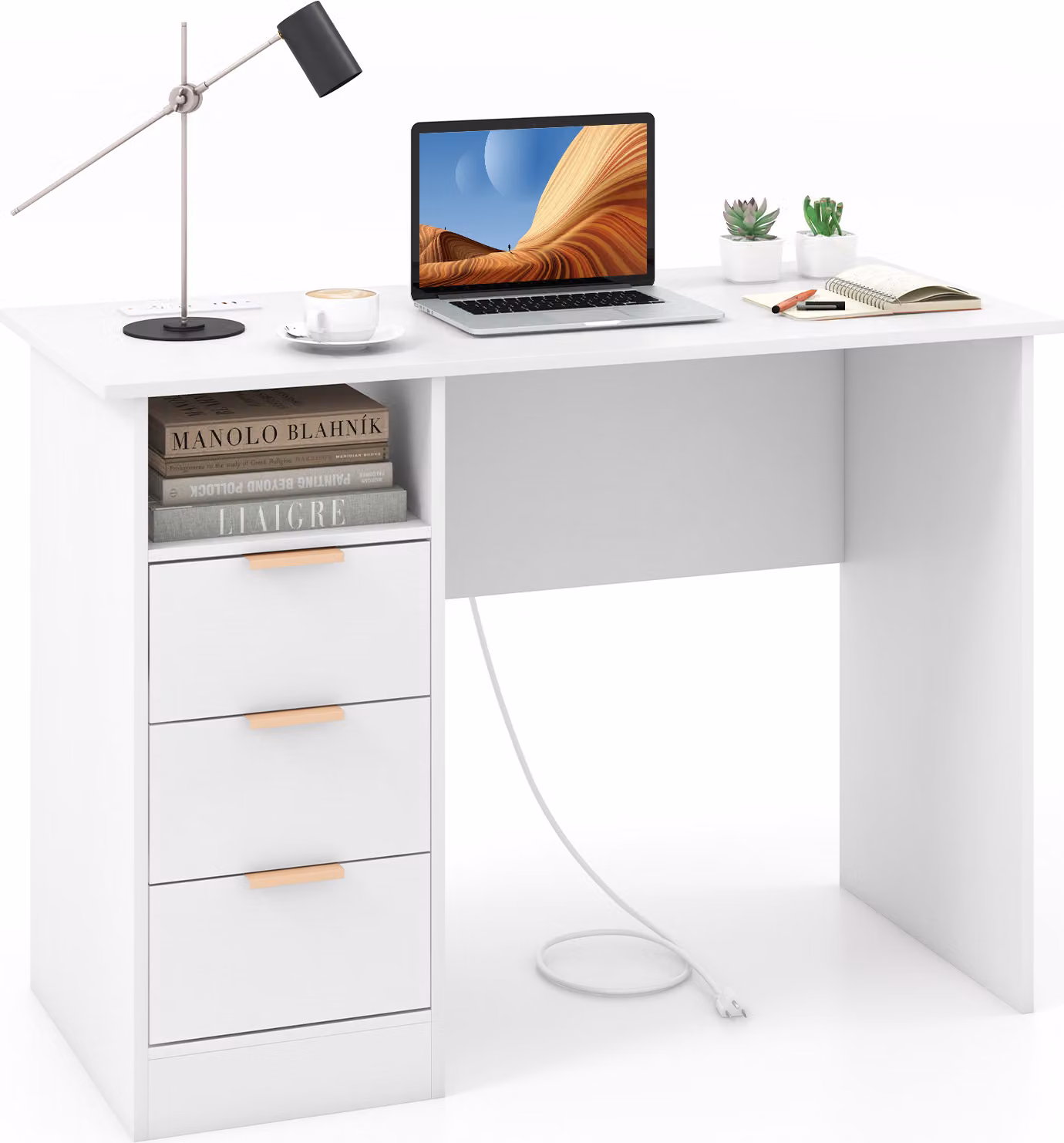 COSTWAY Scrivania con 3 cassetti e stazione di ricarica, piccola scrivania per computer, scrivania per bambini, scrivania moderna per ufficio, tavolo per PC bianco 108 x 48 x 76 cm