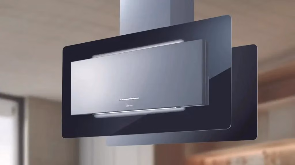 Cappa da isola Baraldi Trisia in acciaio inox e vetro nero con aspirazione da 800 m3/h, L: 90 cm, P: 43 cm – 2