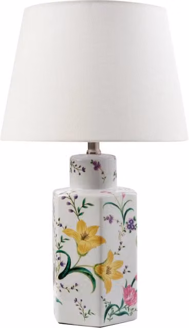 Lampada da tavolo BELIANI con base in ceramica bianca e paralume cilindrico in tessuto multicolore