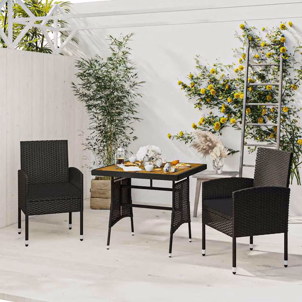 Set da pranzo per giardino e terrazza vidaXL in 3 pezzi in polyrattan nero con legno di acacia – 1
