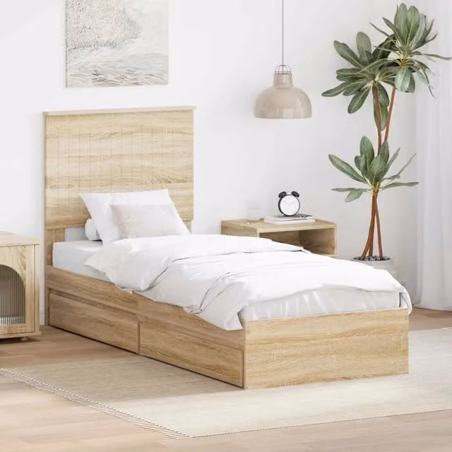 Letto con contenitore e testiera vidaXL in legno color rovere, L/P/H: 190 x 80 x 78 cm