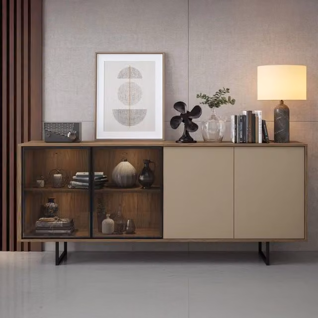 Madia Malnate DMORA con cassetti, colore marrone e beige, stile moderno per cucina o soggiorno, L: 200 cm, P: 40 cm, H: 87 cm – 1