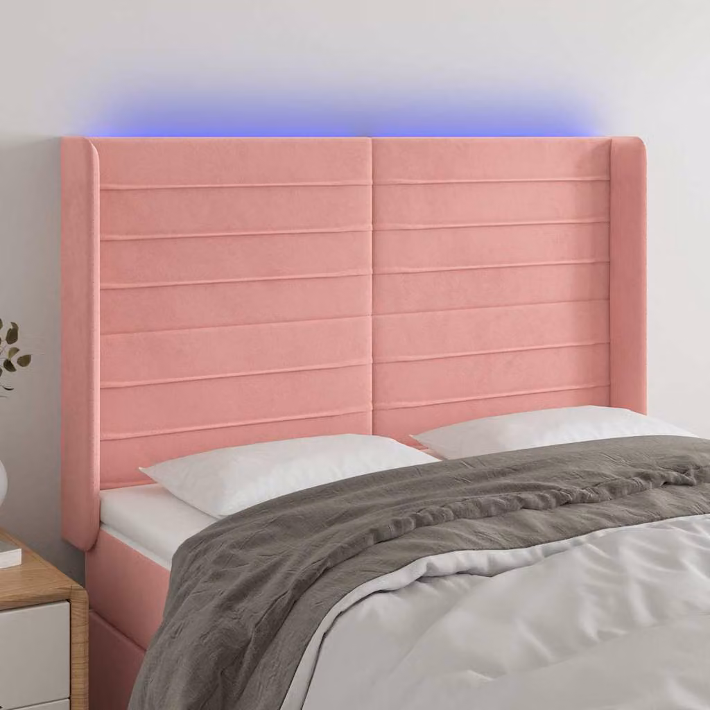 Testiera per letto vidaXL in velluto rosa con illuminazione LED integrata e porta di ricarica USB, L 147 cm, P 16 cm, H 118-128 cm
