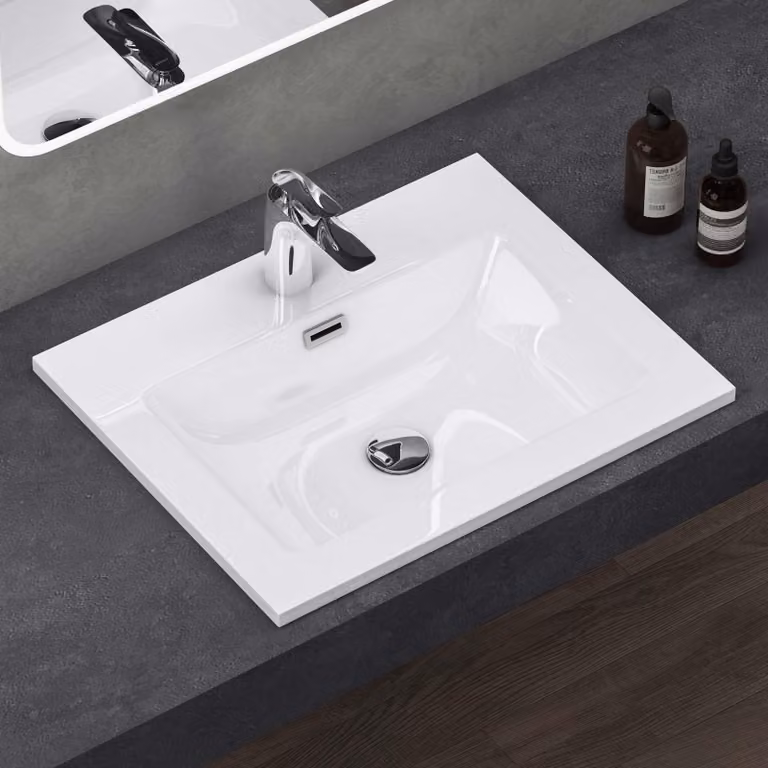 doporro Lavabo Integrale a Incasso Soprapiano 60x48x12 cm Rettangolare in Marmoresina Bianco Lucido, Lavabo Bagno da Appoggio con Foro Rubinetto e Troppopieno Colossum02