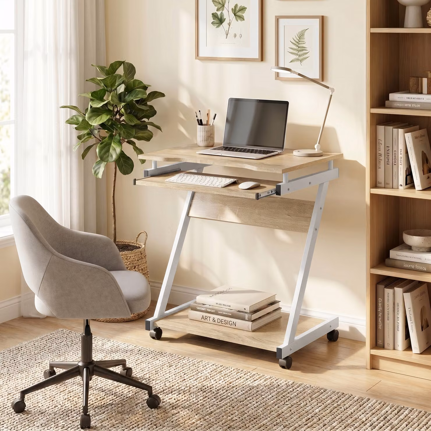 Scrivania per Computer Modern HOMCOM con Tastiera Scorrevole e 4 Ruote, Colore Marrone – 2
