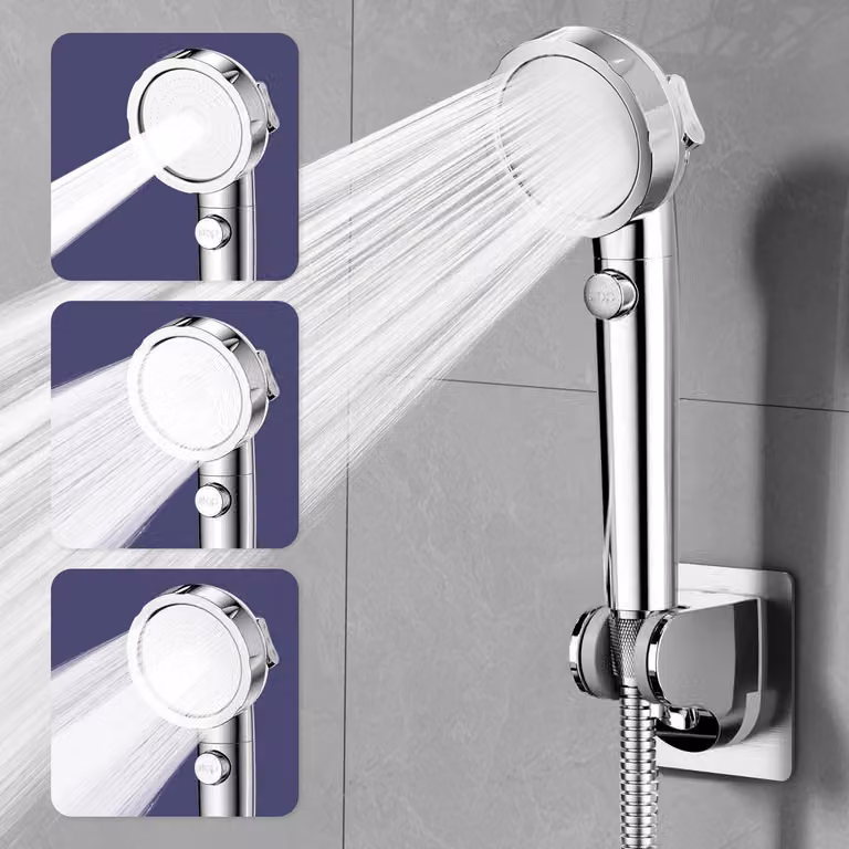 Testina doccia a risparmio idrico con filtro, 3+1 modalità di spruzzo, soffione manuale ad alta pressione con tubo flessibile e supporto, interruttore on/off, cromata