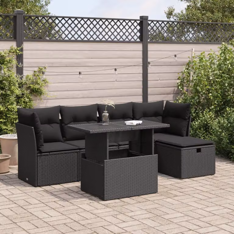 Set Divano da Giardino vidaXL 6 pz a L con Cuscini Nero in Polyrattan e Struttura in Acciaio