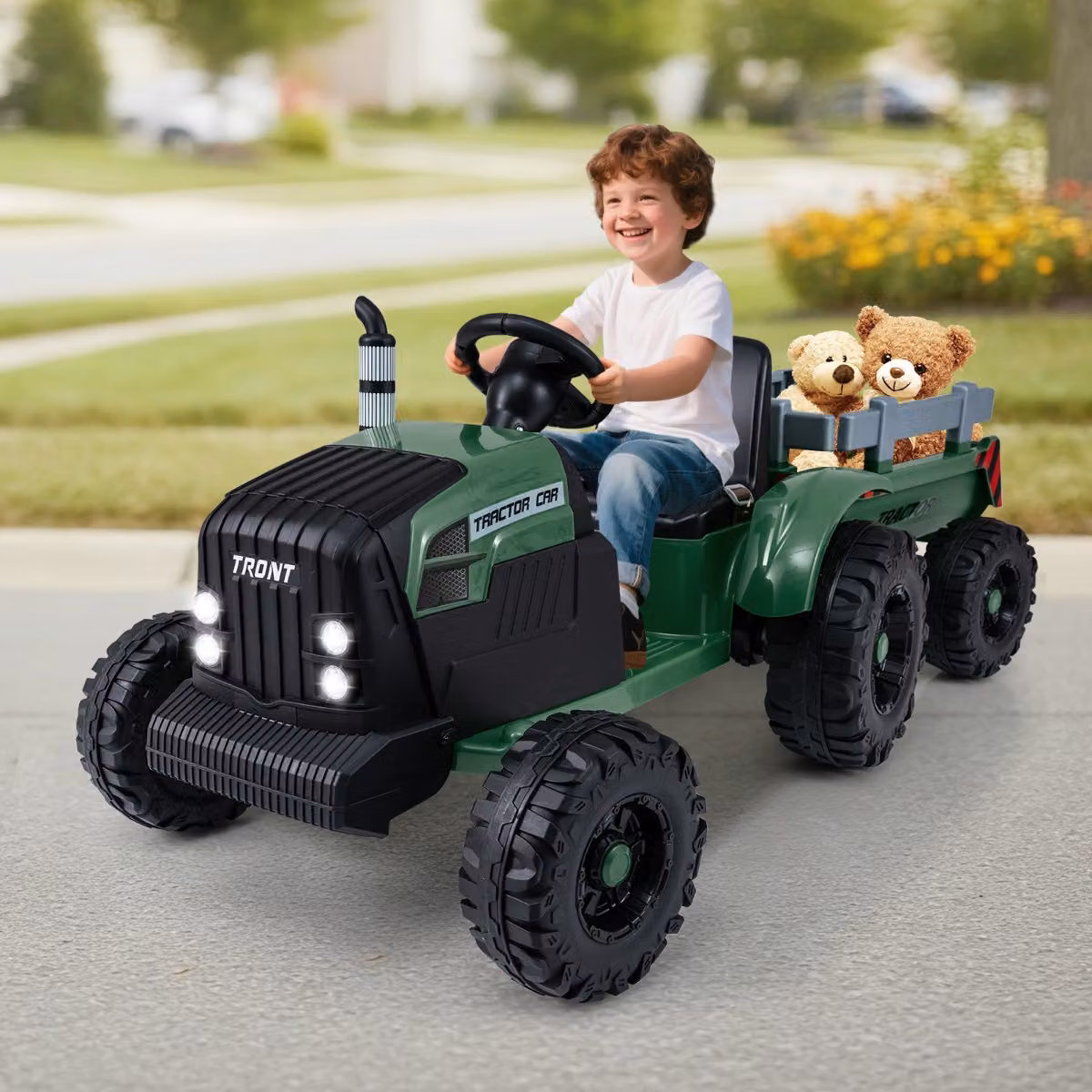 Trattore elettrico a pedali Costway 24V per bambini con rimorchio staccabile e partenza morbida, Verde scuro