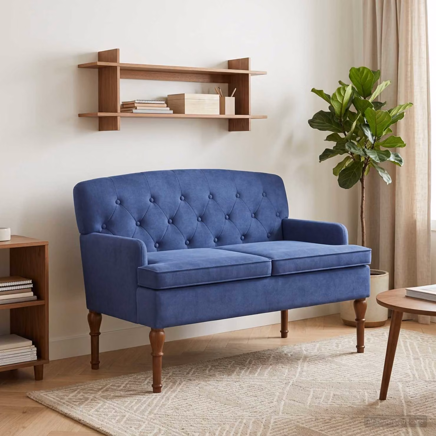 Loveseat vidaXL in velluto blu con bottoni imbottiti e coperture rimovibili L: 111 cm, P: 65 cm, H: 79 cm