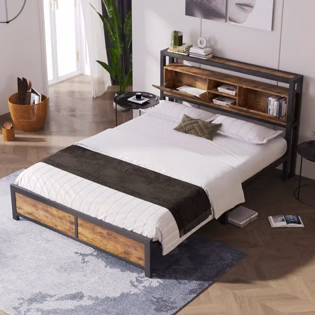 Letto matrimoniale OKWISH con testiera contenitore e ripiani laterali in metallo e MDF naturale, colore marrone, L/P/H: 140 x 200 x 145 cm