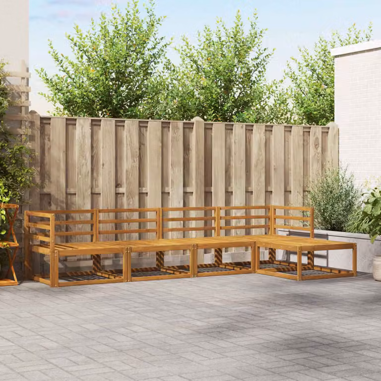 vidaXL Set di divani da esterno a L in legno di acacia massello marrone con pouf e cuscini inclusi