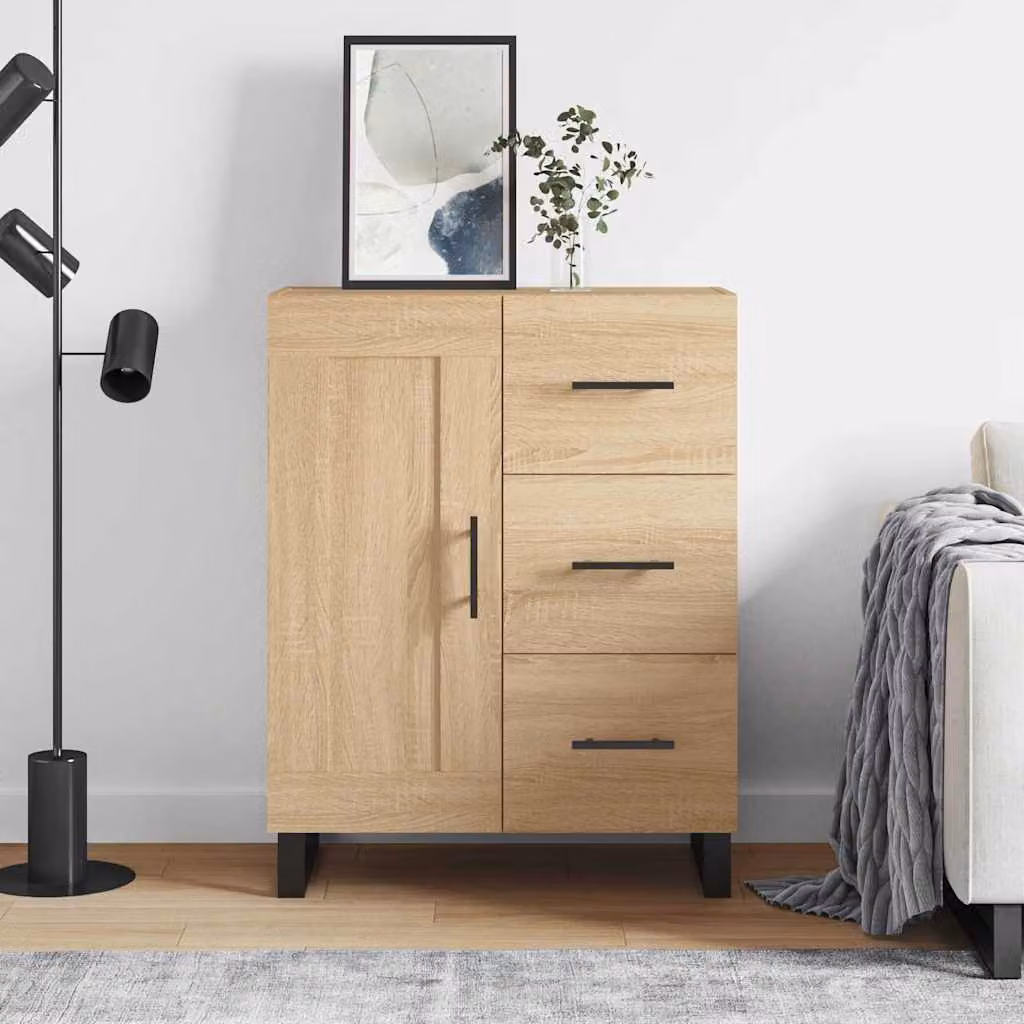 Credenza moderna vidaXL in legno multistrato e metallo, colore rovere sonoma beige e marrone, L: 69,5 cm, P: 34 cm, H: 90 cm