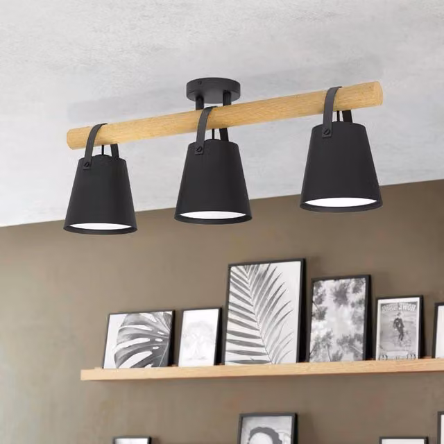 Plafoniera industriale Boyle Eglo marrone e nera in metallo e legno, IP20, 3XE27