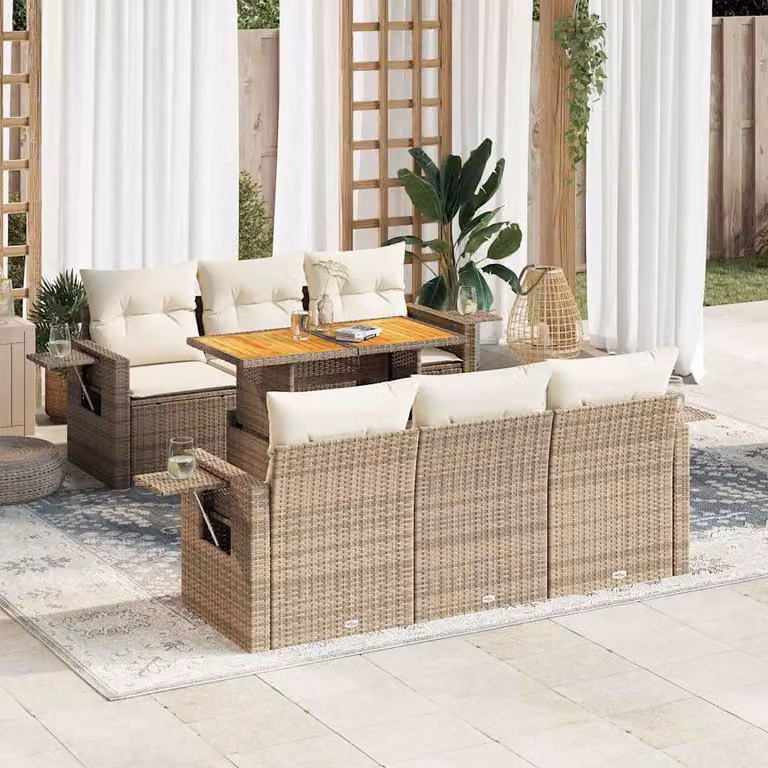 Set di divani da giardino vidaXL in polyrattan beige composto da 7 pezzi con cuscini e tavolino da esterno