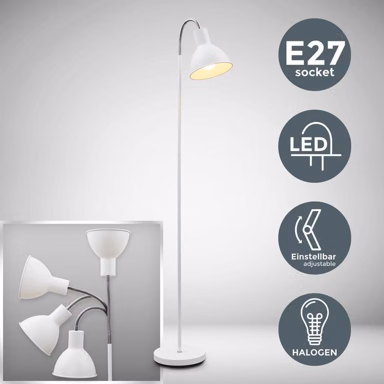 Lampada da terra, piantana elegante con paralume orientabile, altezza 1.450mm, adatta per 1 lampadina E27 non inclusa, interruttore a pedale, lampada a stelo vintage industriale, bianca, retrò, IP20