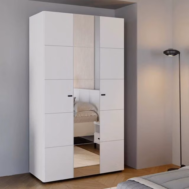 Armadio da camera da letto moderno DMORA con ante a battente e specchio, Bianco Opaco, L: 117 cm, P: 52 cm, H: 208 cm