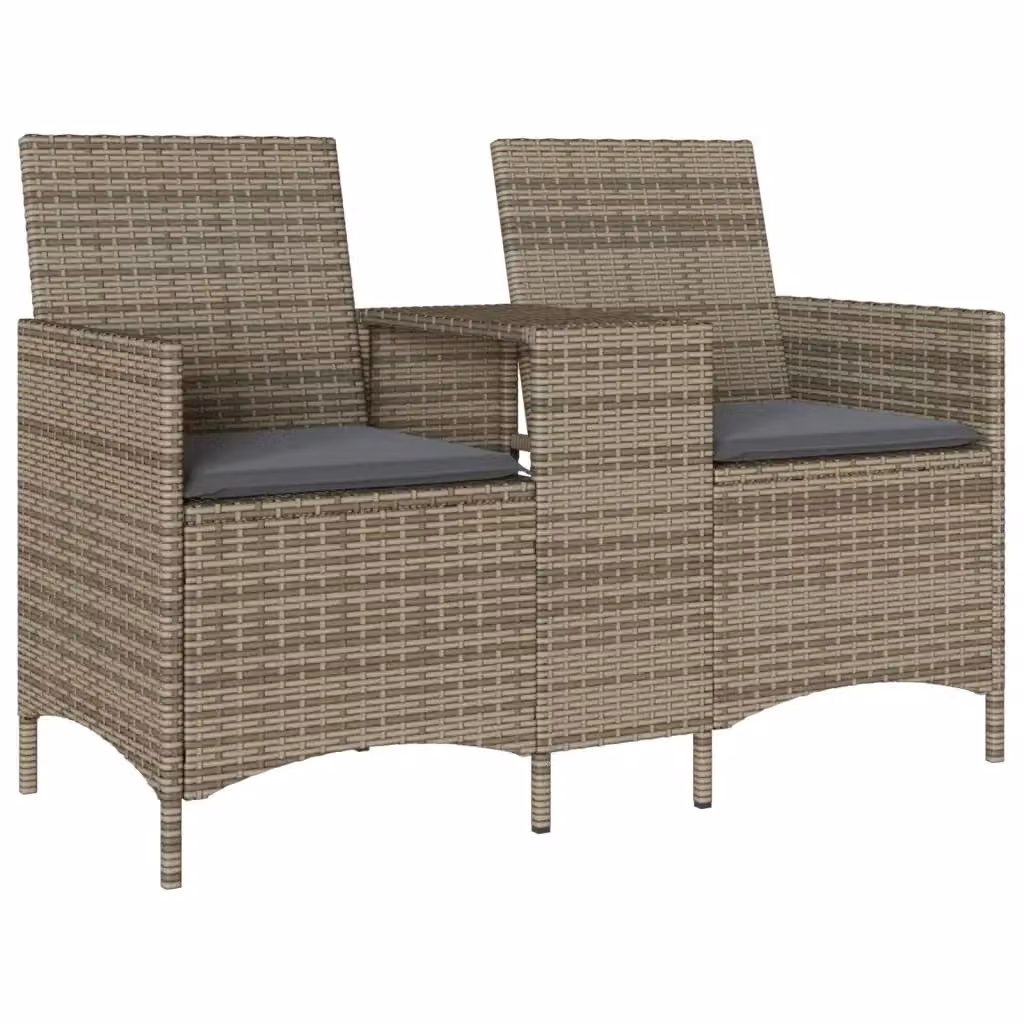 Divano da giardino Design Mania a 2 posti in polyrattan grigio con tavolo e cuscini inclusi – 2